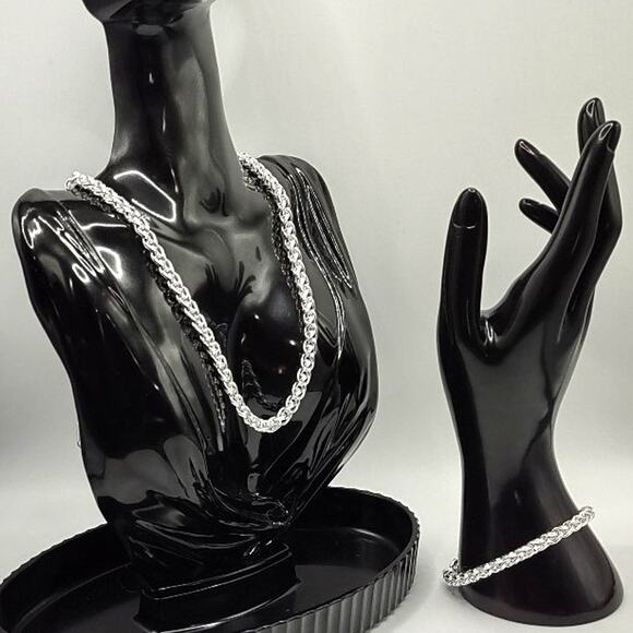 925 Sterling Silver Necklace Bracelet Set Braided 6mm Valentines Birthday Gift - Picture 3 of 10